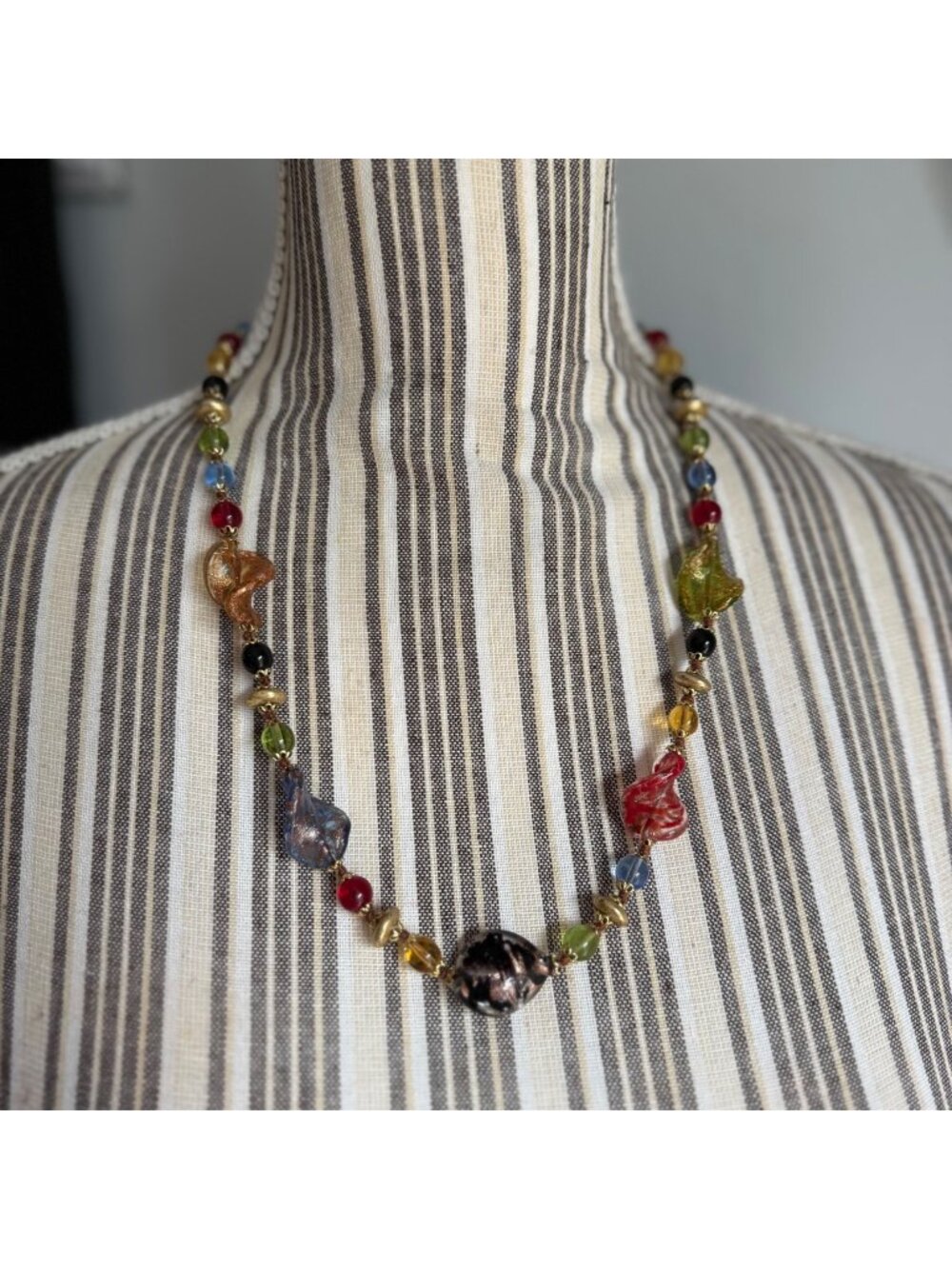 Vintage Multi-Colored Murano Glass Beaded Necklace with Gold-Tone Spacers